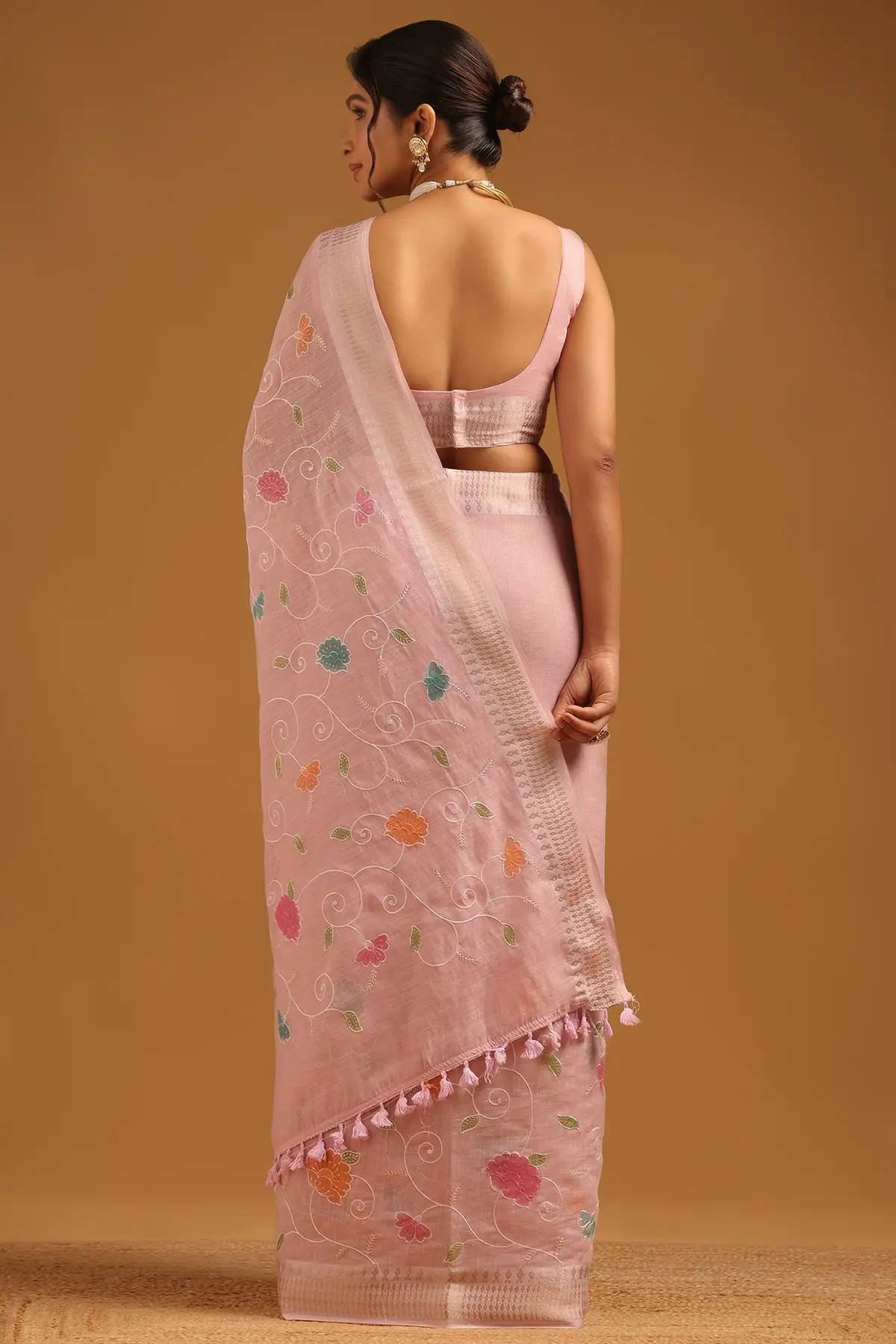 Pink Linen Floral Embroidered Saree With Sequin
